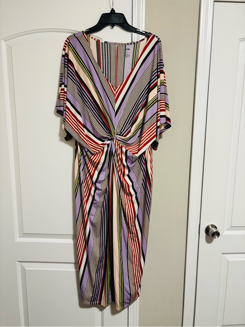 EVRI, Striped Twist-Front Midi Dress in Lavender and Red, Size 2X